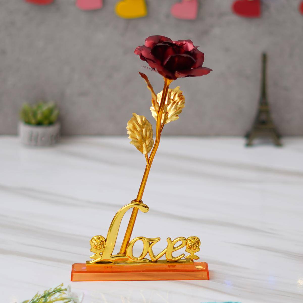 Buy eCraftIndia Golden Red Rose Flower with Love Showpiece - Valentine ...