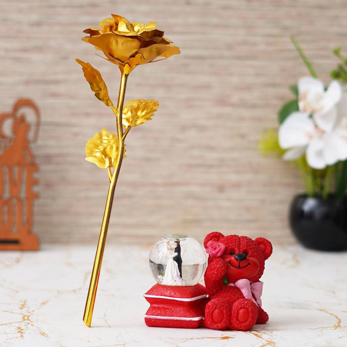 Buy eCraftIndia Valentine Combo of Golden Rose Gift Set, Red Teddy Bear ...