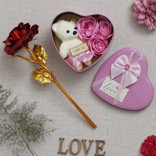 eCraftIndia Combo of Golden Red Rose Gift Set, Pink Heart Shaped Gift Box  with Teddy and Roses