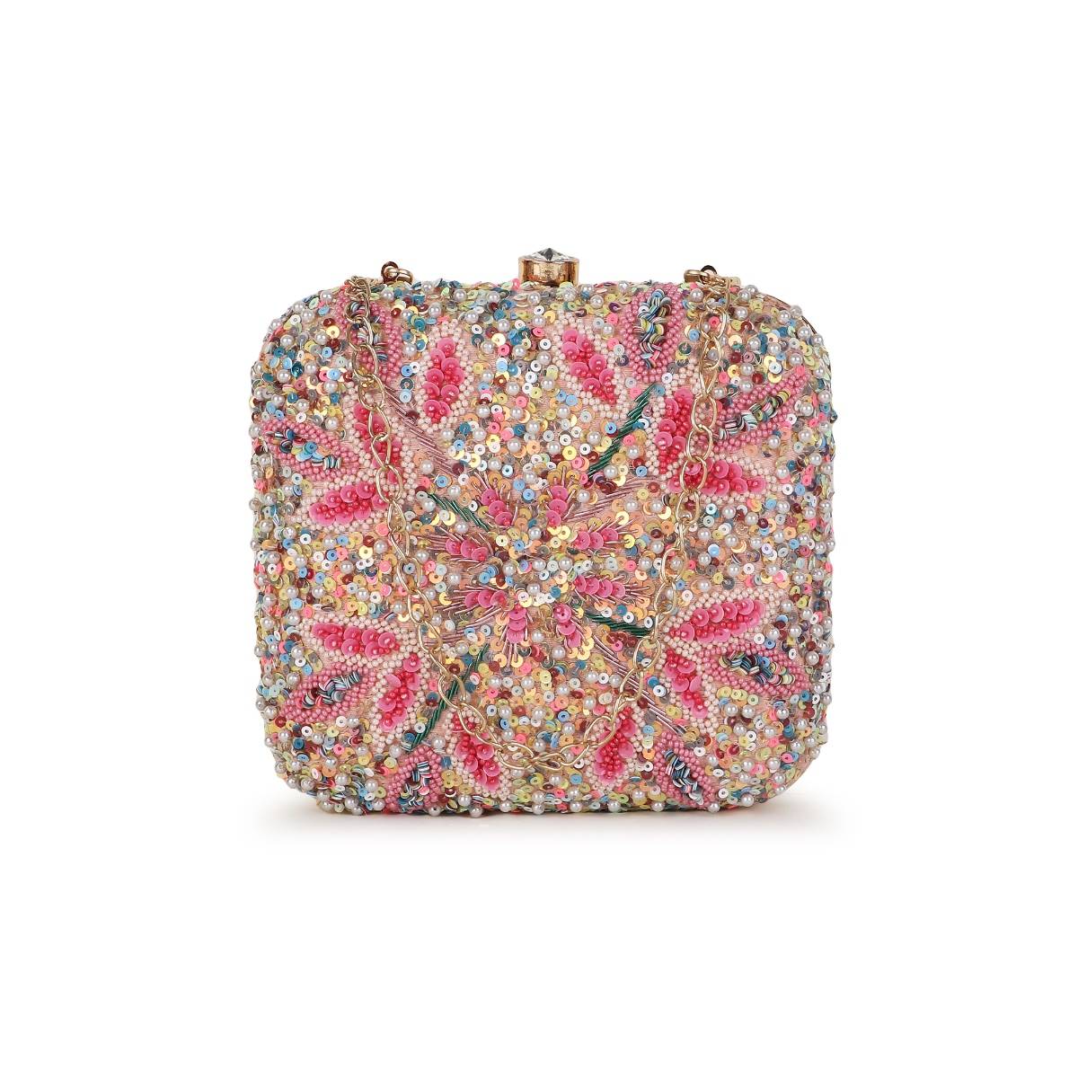Anekaant Vista Pastel Pink and Multi Stone Work Embellished Faux Silk Clutch