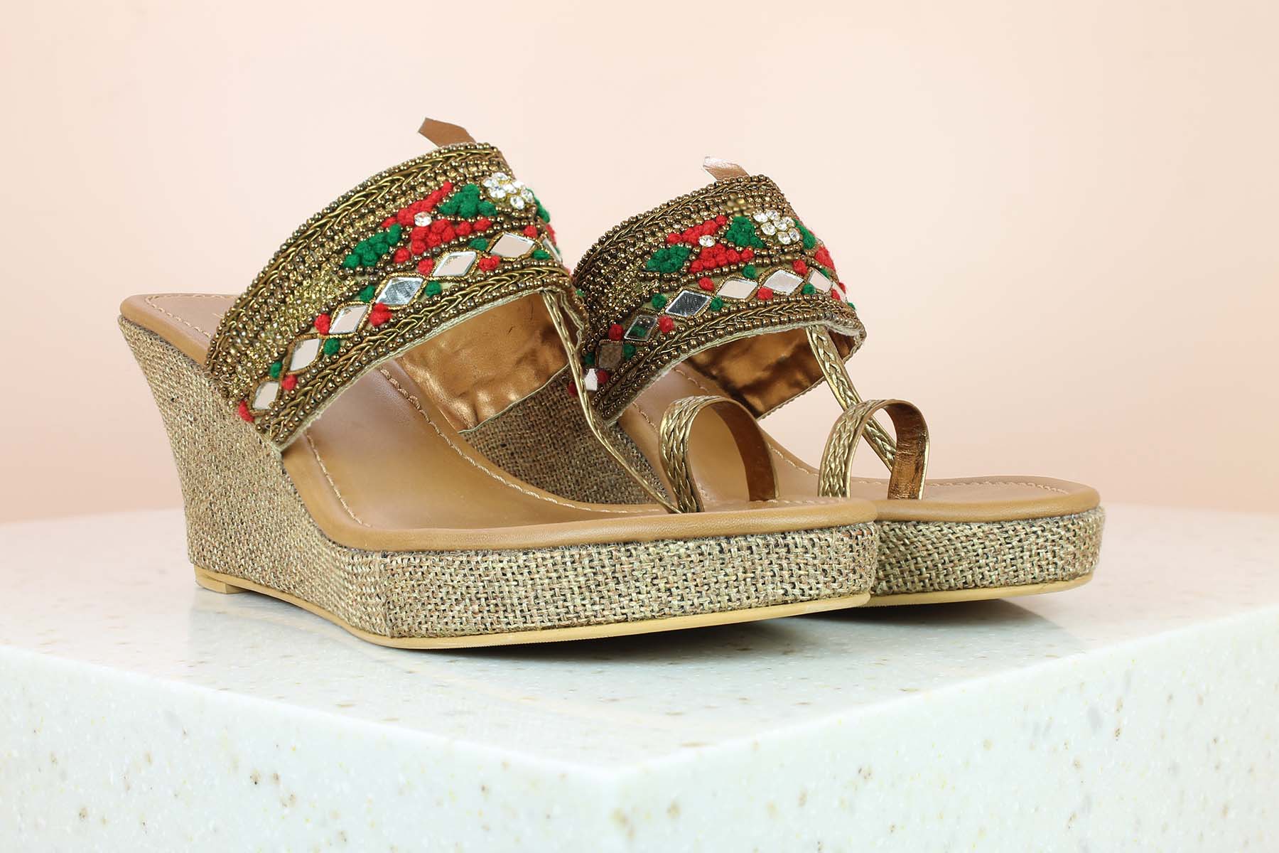 Buy Inc 5 Women Gold Toned Embellished Ethnic Block Sandals - Heels for  Women 16391258 | Myntra