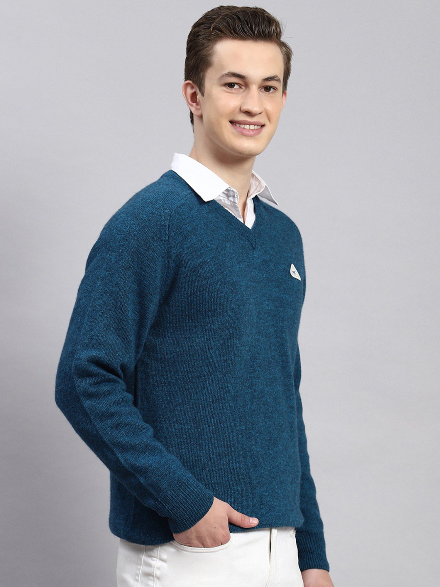 Buy Monte Carlo Blue Mix Solid V Neck Sweater Online