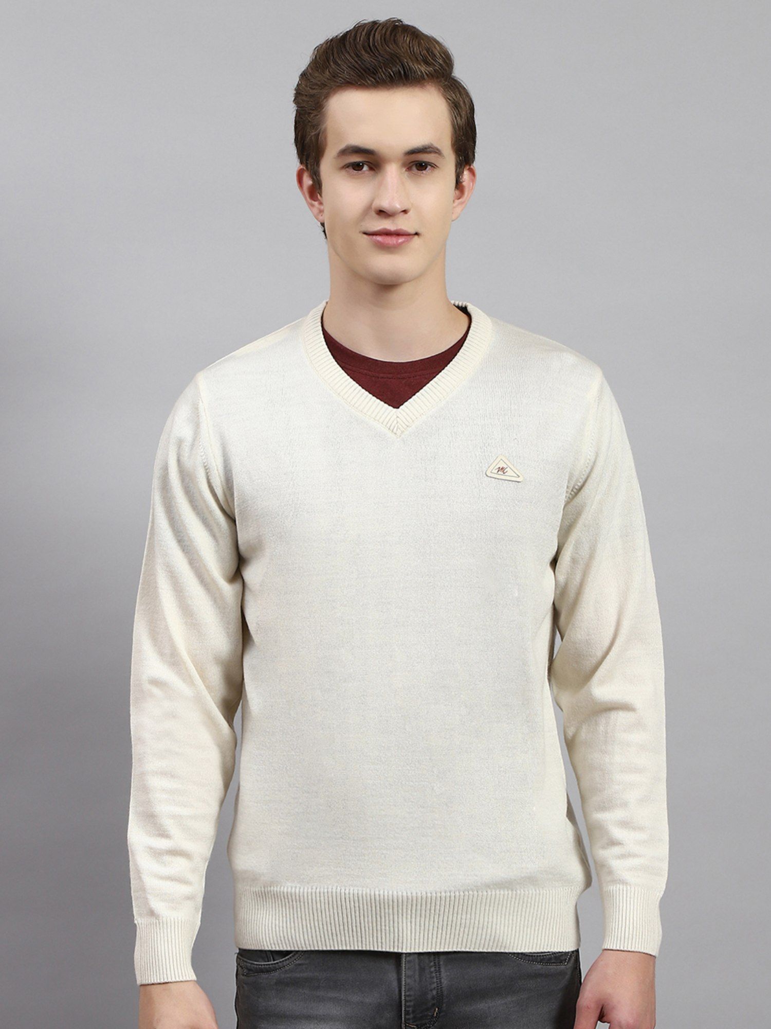 Buy Monte Carlo Cream Solid V Neck Pullover Sweater Online