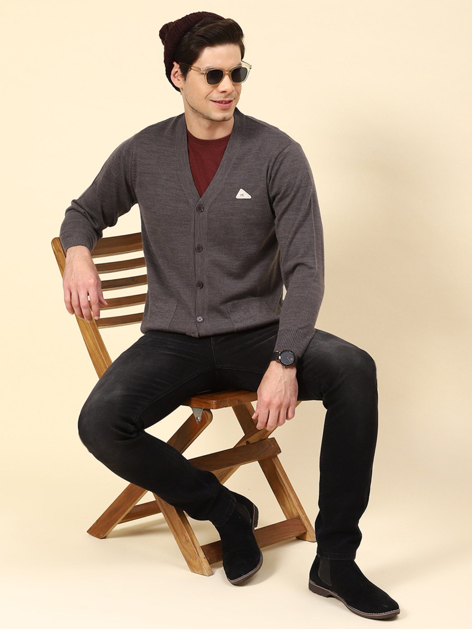 Buy Monte Carlo Lt Grey Mob Solid V Neck Cardigan Online