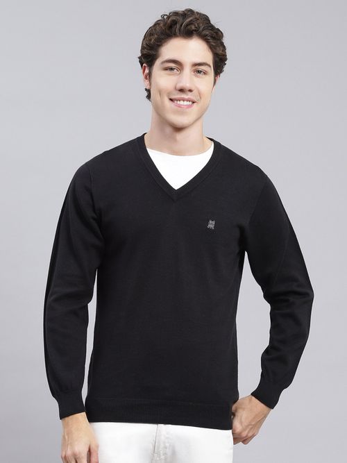 Buy Monte Carlo Black Solid V Neck Pullover Sweater Online