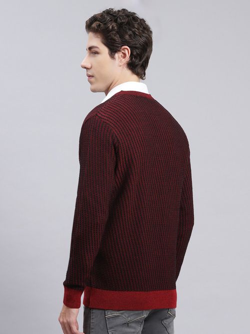Buy Monte Carlo Maroon Self Design V Neck Pullover Sweater Online