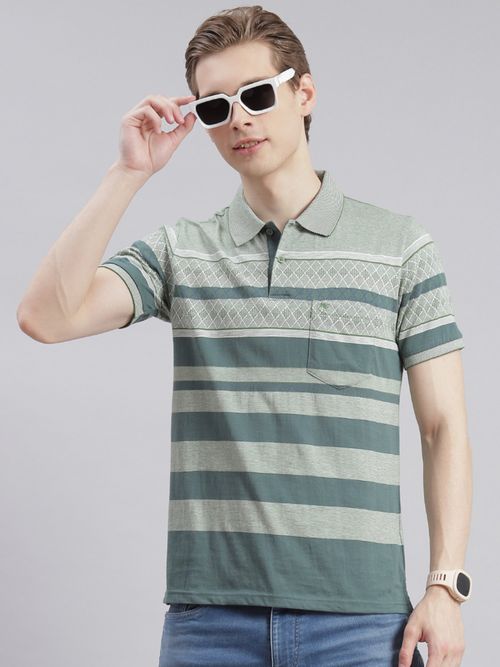 Buy Monte Carlo Green Striped Polo Collar T-Shirt Online