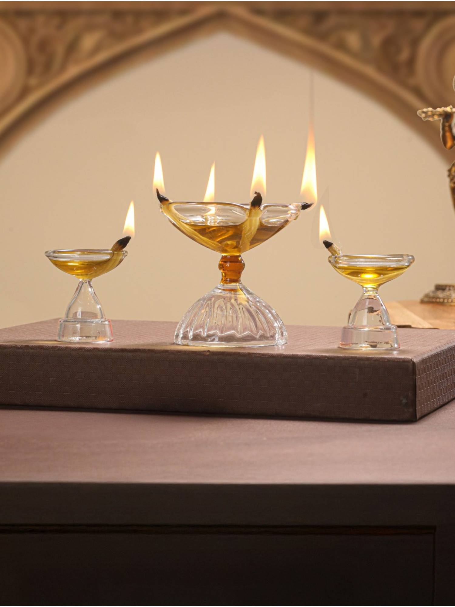Trovea's Deep Aura Clear & Amber Borosilicate Glass Diya (Set of 3)