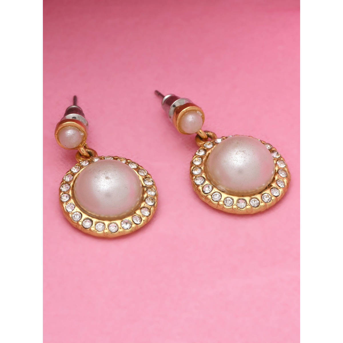 Estele Gold Plated Round frosted Pearl Drop Earrings for Women