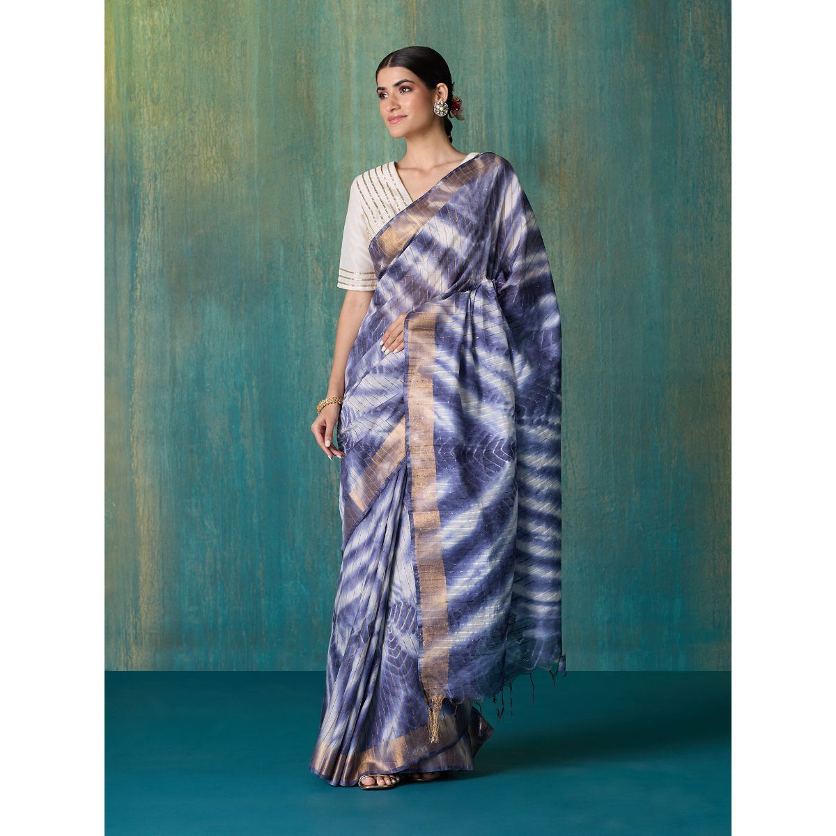 Gorgeous Shibori Tie Dye Hand Print Linen Cotton Saree with Blouse