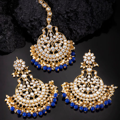 Buy Peora Gold Plated Kundan Blue Pearl Chandbali Earrings Maang