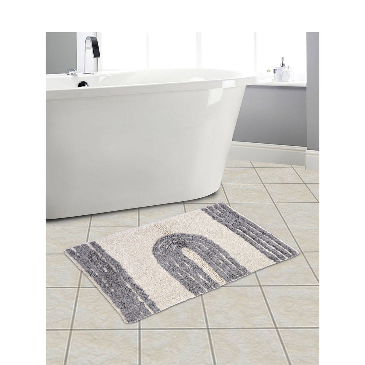 Buy Eyda White and Grey Cotton Bath Mat Online