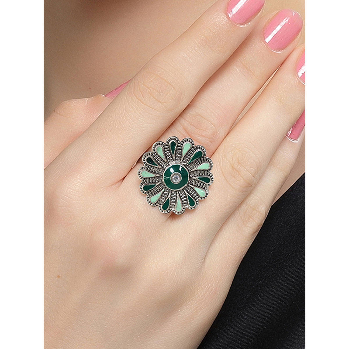 Karatcart Oxidised Silver Floral Design Green Meena Finger Ring for Women