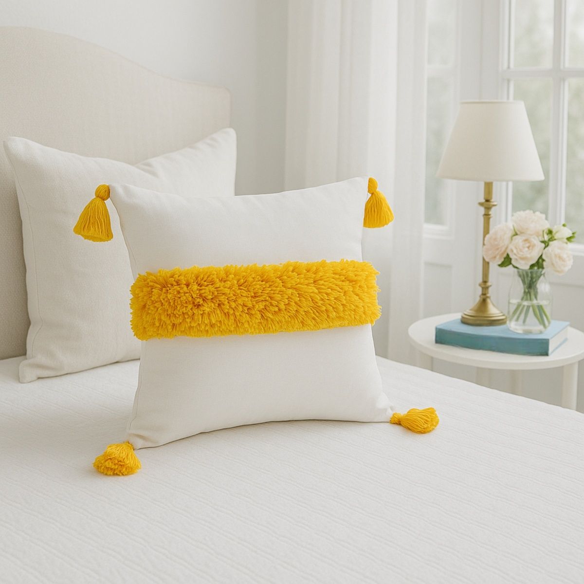 THROW PILLOW Sunny White with Yellow Tufting Tassels Cushion Cover for  Bright Décor (12x12 inches)