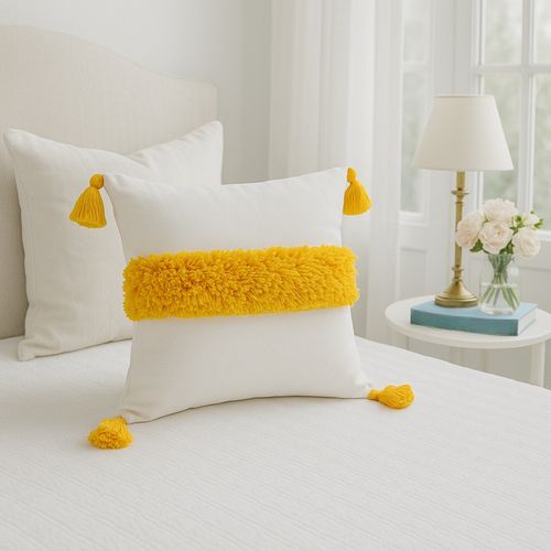 THROW PILLOW Sunny White with Yellow Tufting Tassels Cushion Cover for  Bright Décor (12x12 inches)