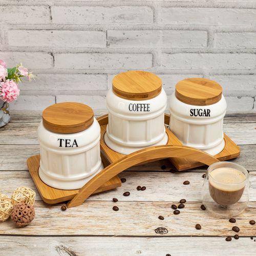 Tray Wooden Tea Coffee And Sugar Canisters Black Tea Coffee Sugar