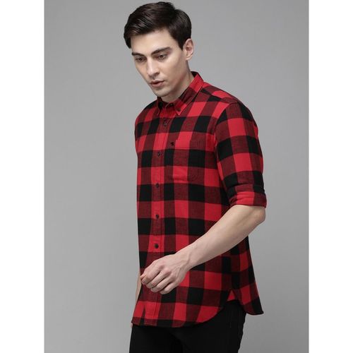 The Bear House Men's Red Checked Flannel Slim Fit Casual Shirt