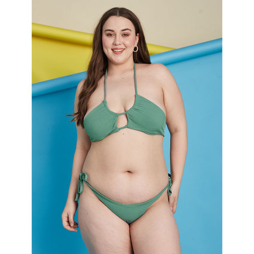 Secrets By ZeroKaata Green Plus Size Ribbed Halter Beachwear Swim Bikini  (Set of 2) (L)