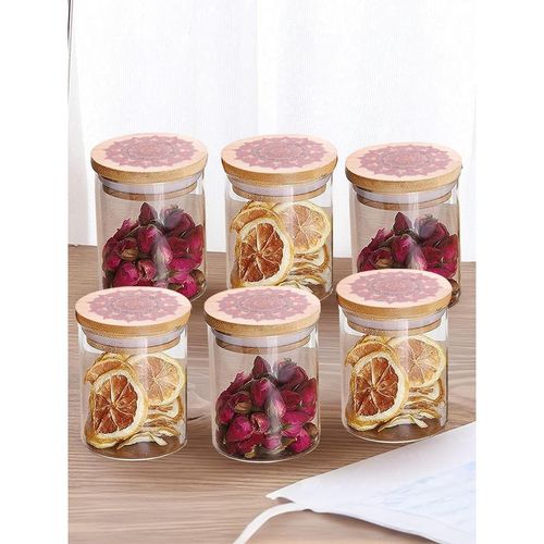 UMAI Glass Containers Set with Printed Bamboo Lid 300ml (Pack of 6)