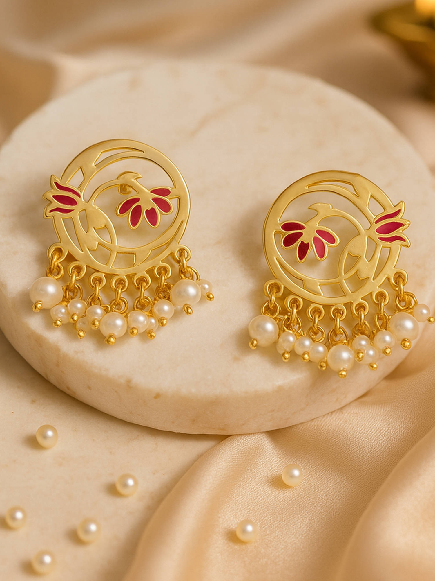 Estele Classy Circular Red Lotus Pearl Drop Earrings