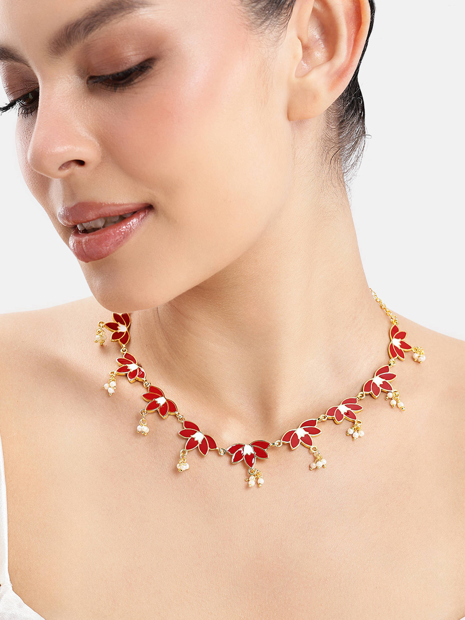 Estele Elegant Gold Plated Red Lotus Necklace with Pearls