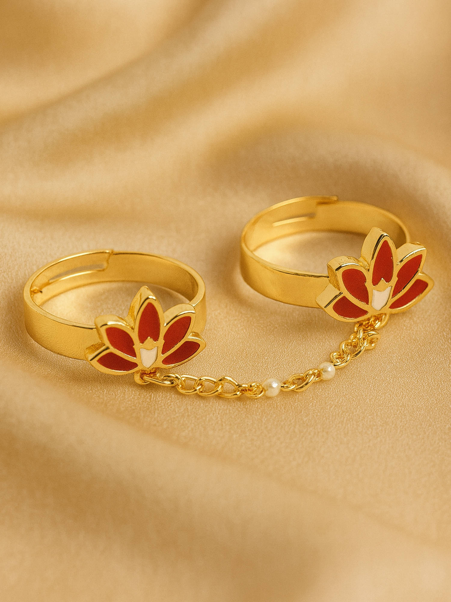 Estele Adjustable Gold Plated Double Red Lotus Adjustable Ring with Chain Link