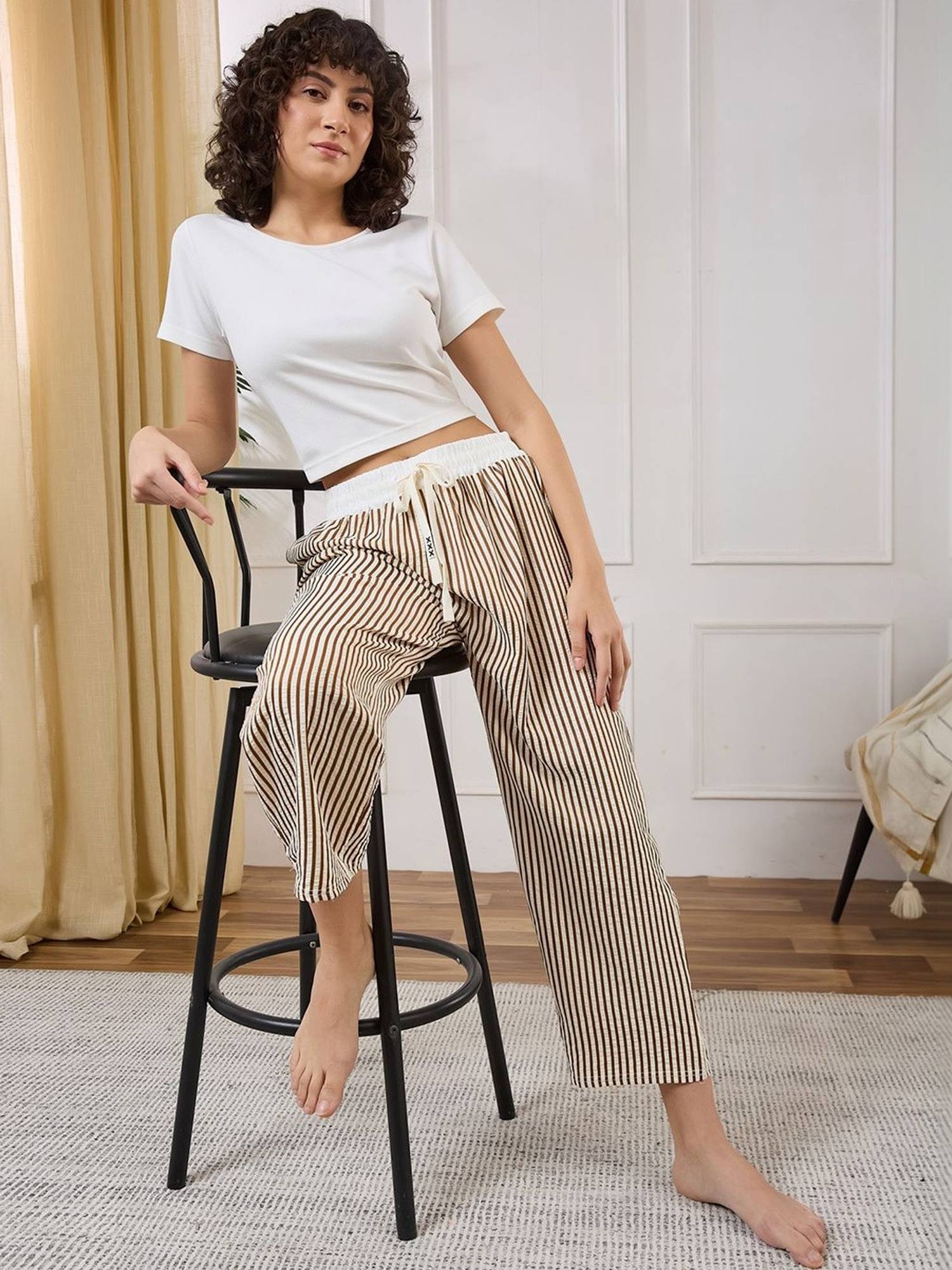 Secrets By ZeroKaata Women Striped Summer Lounge Pants Brown