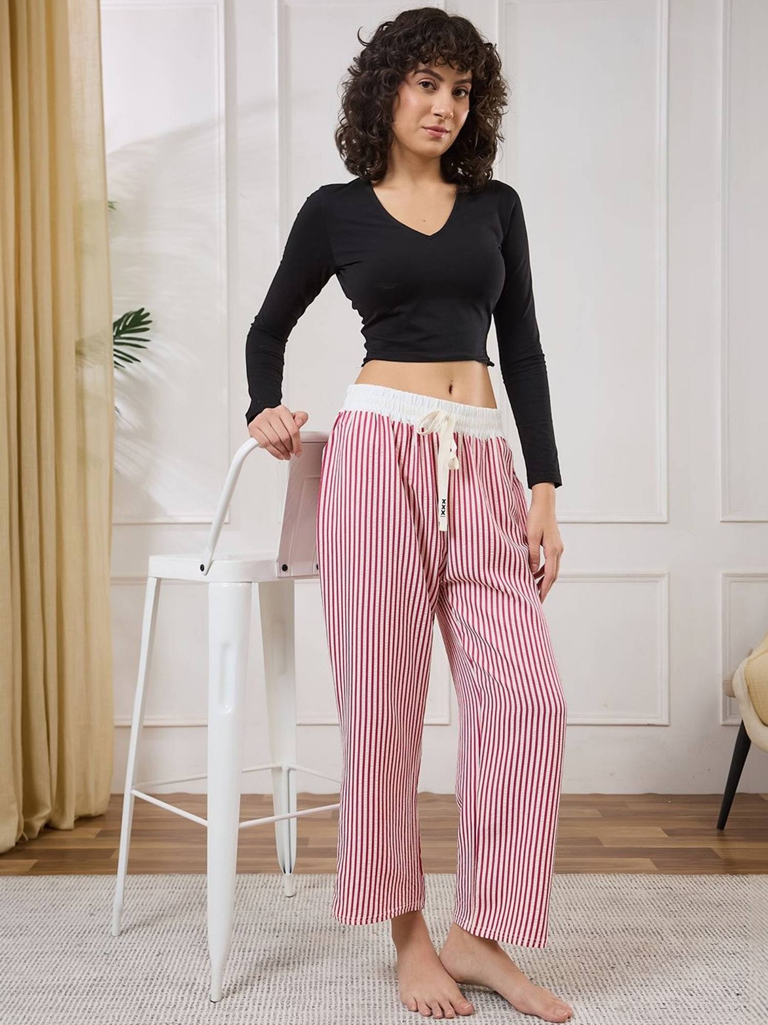 Secrets By ZeroKaata Women Striped Summer Lounge Pants Magenta
