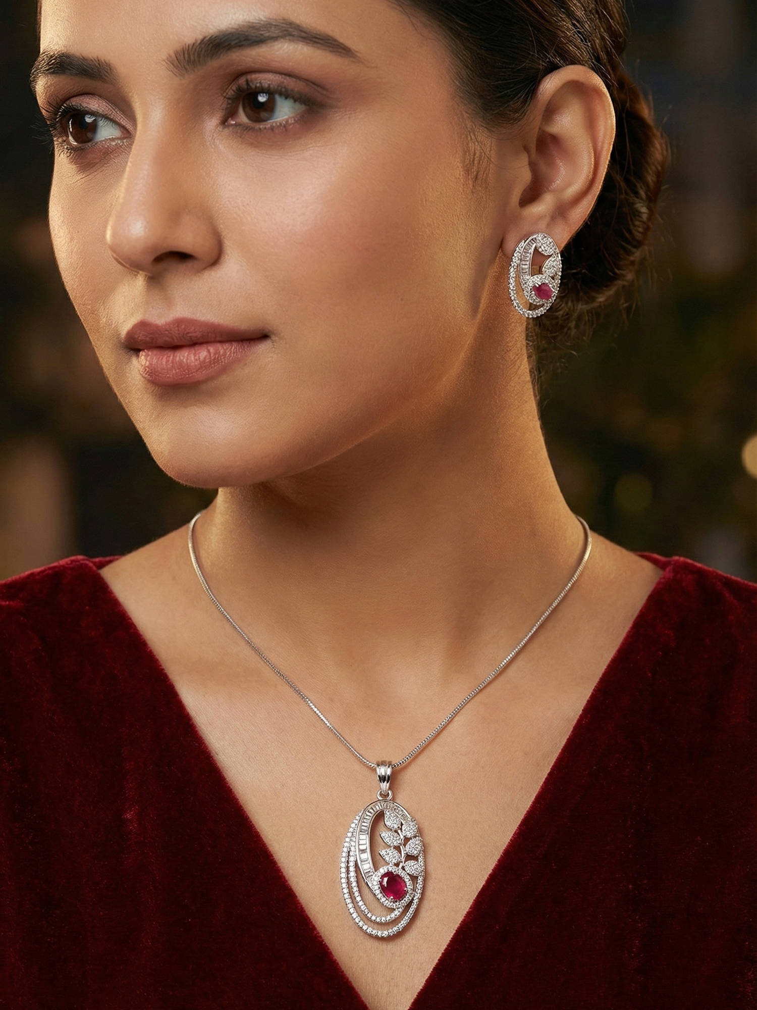 Niscka Rhodium Plated White and Pink AD Petal Jewellery Set