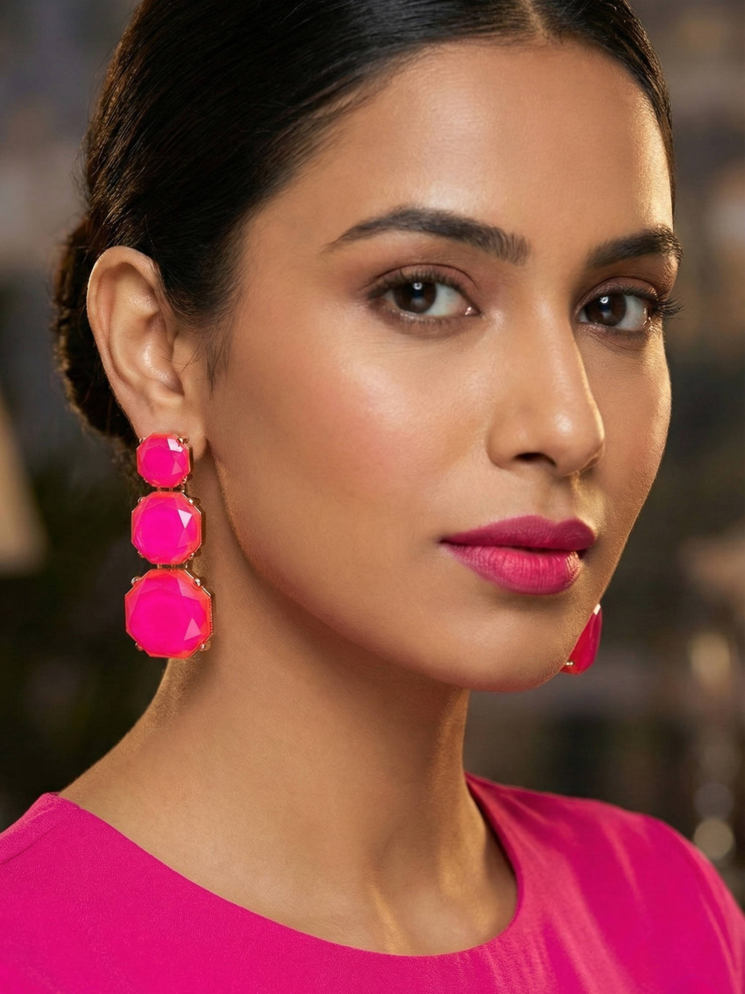 Niscka Gold Plated Triple Pink Stone Long Statement Earrings