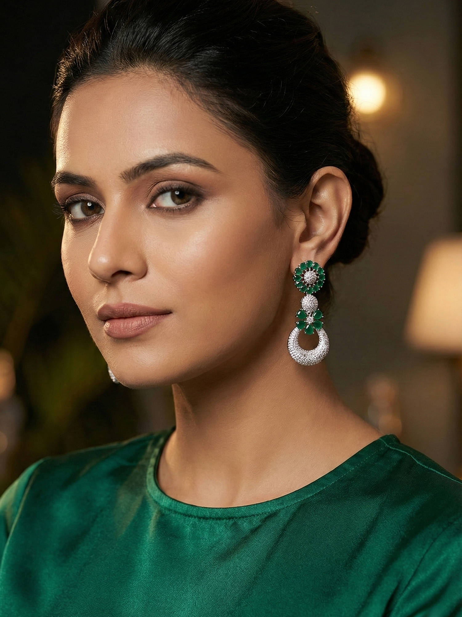Niscka Emerald Bloom Rhodium Plated AD Drop Earrings