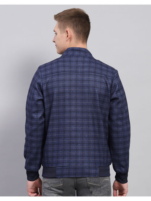 Monte Carlo Mens Check Navy Blue Mock Neck Full Sleeve Jacket