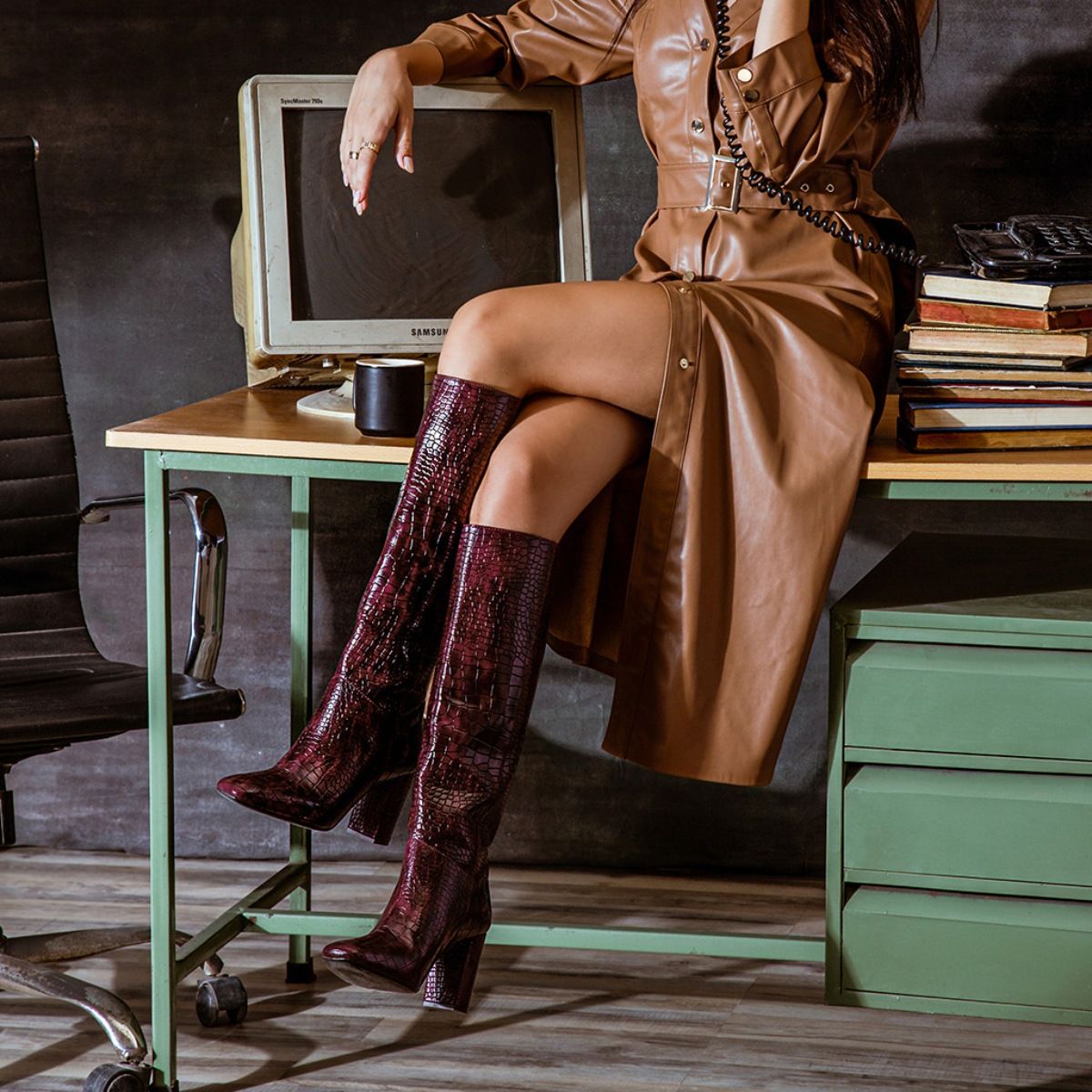 Buy Saint G Emily Burgundy Croco Vegan Leather Knee High Boots Online