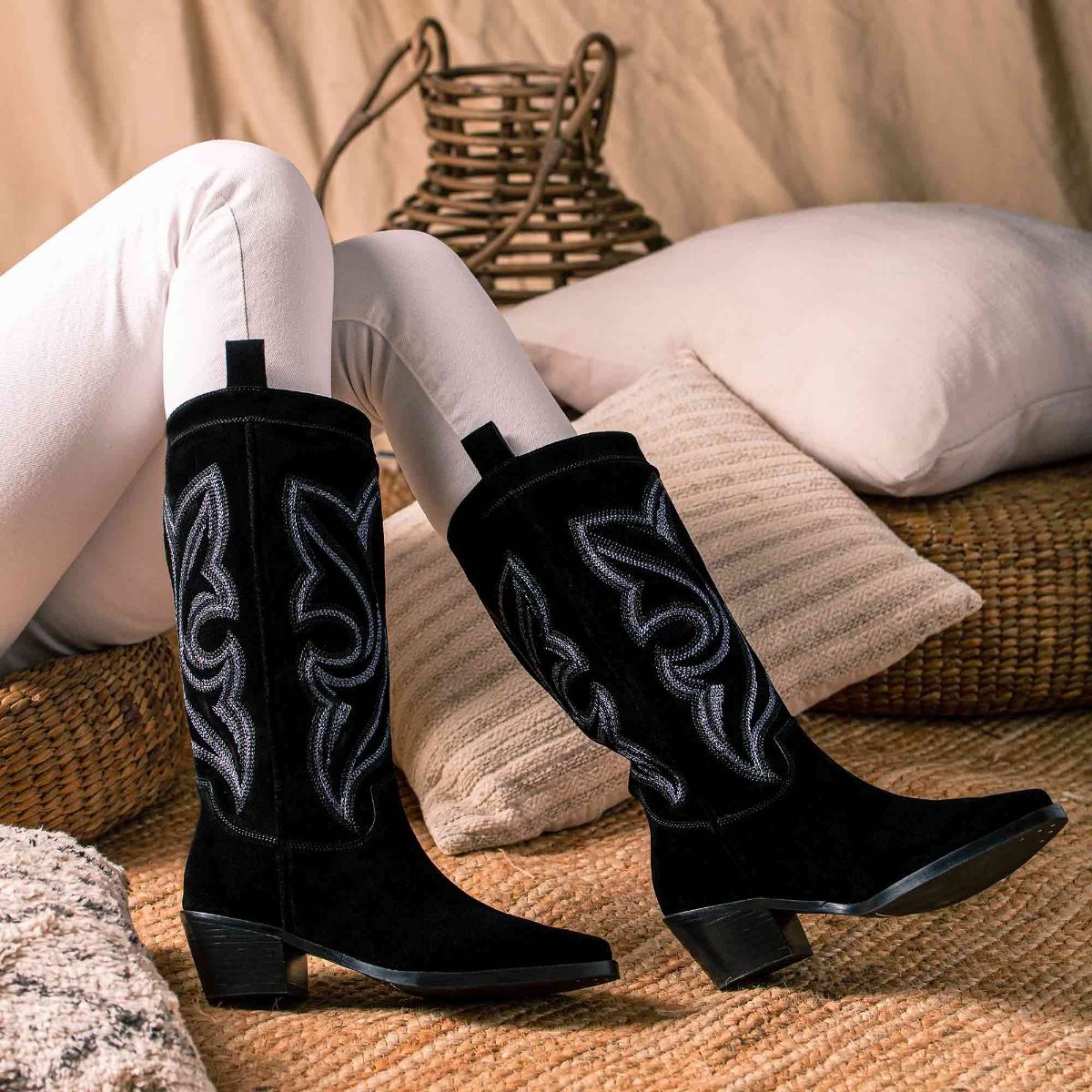 Buy Saint G Martina Black Stitched Leather Handcrafted Cowboy Boots Online