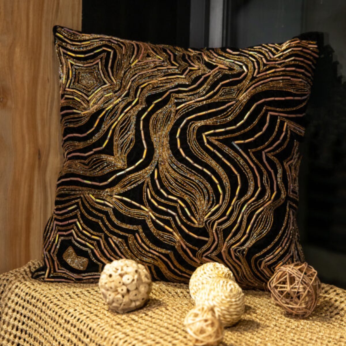 Buy Alcove Black and Gold Embroidered Marble Cushion Cover Online