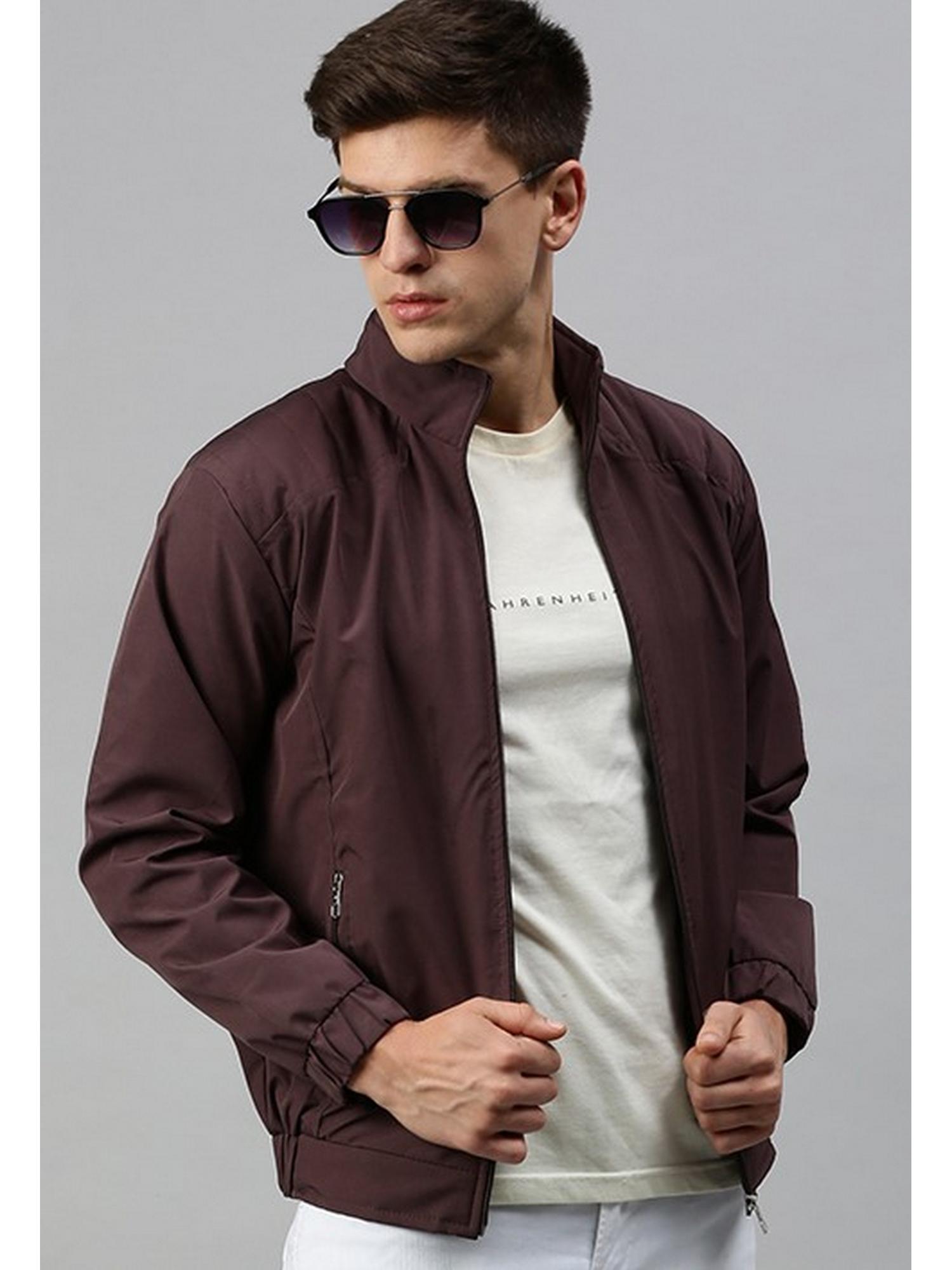 Buy Voxati Men Brown Polyester High Neck Solid Windcheater Jacket