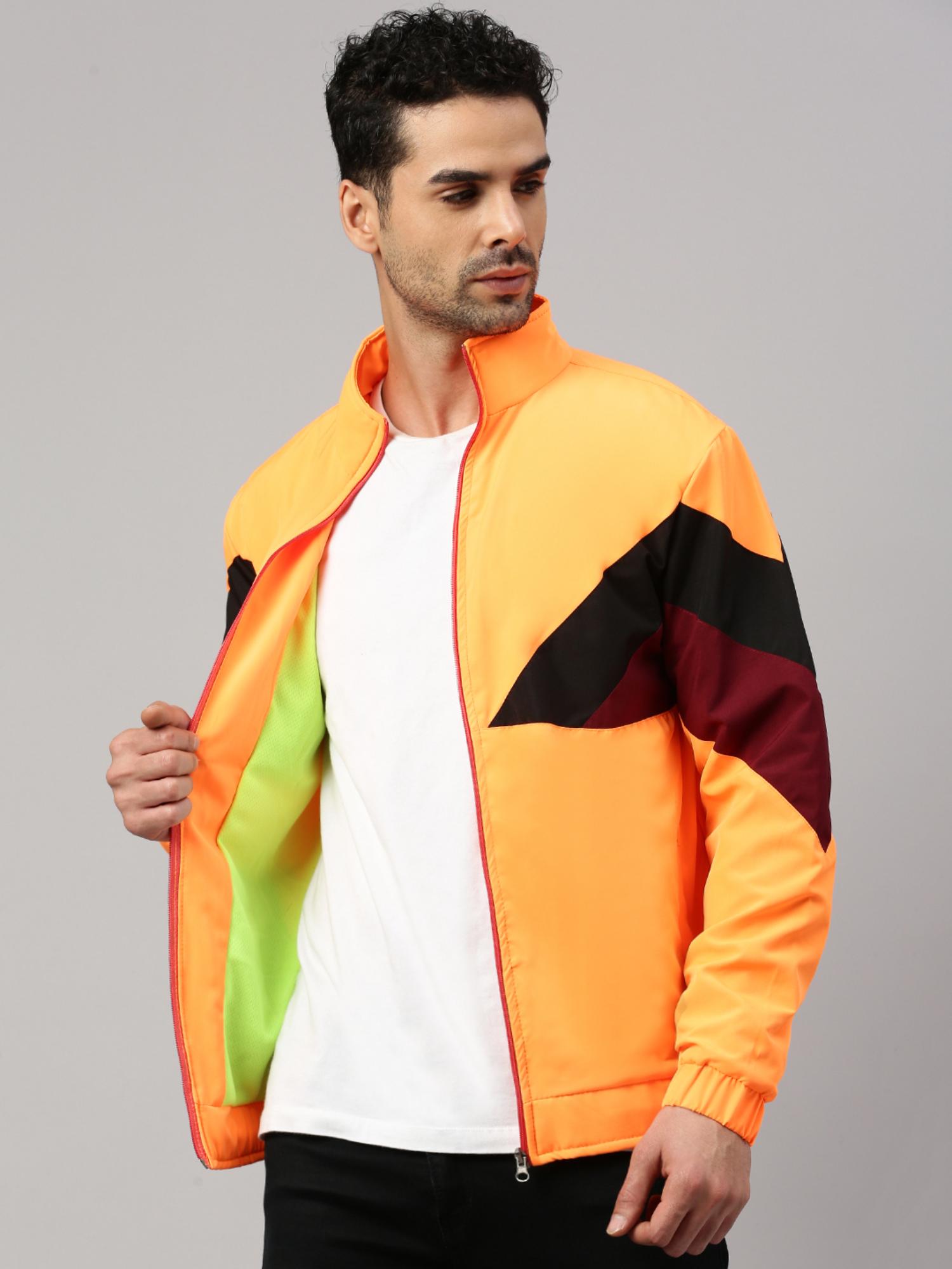 Buy Voxati Men Orange Polyester High Neck Colorblock Windcheater