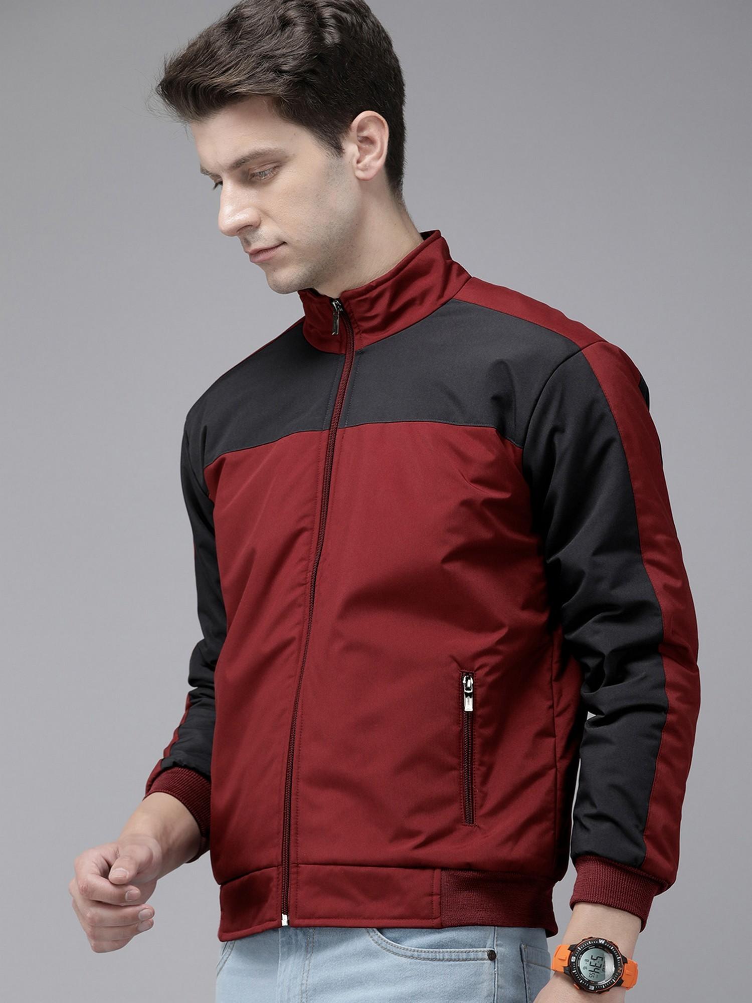 Buy Voxati Men Maroon Polyester High Neck Colorblock Windcheater