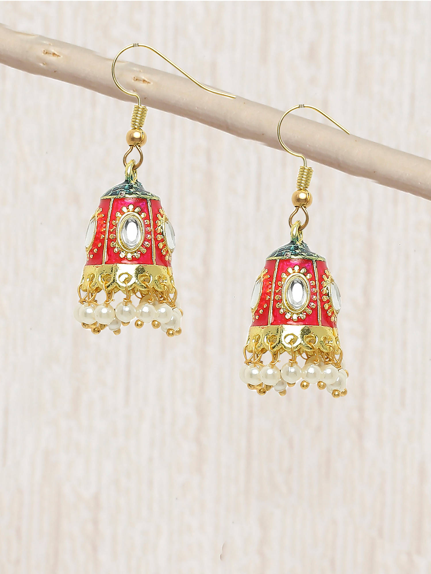 OOMPH Jewellery Red Meenakari Kundan and Pearls Small Ethnic Jhumka Earrings
