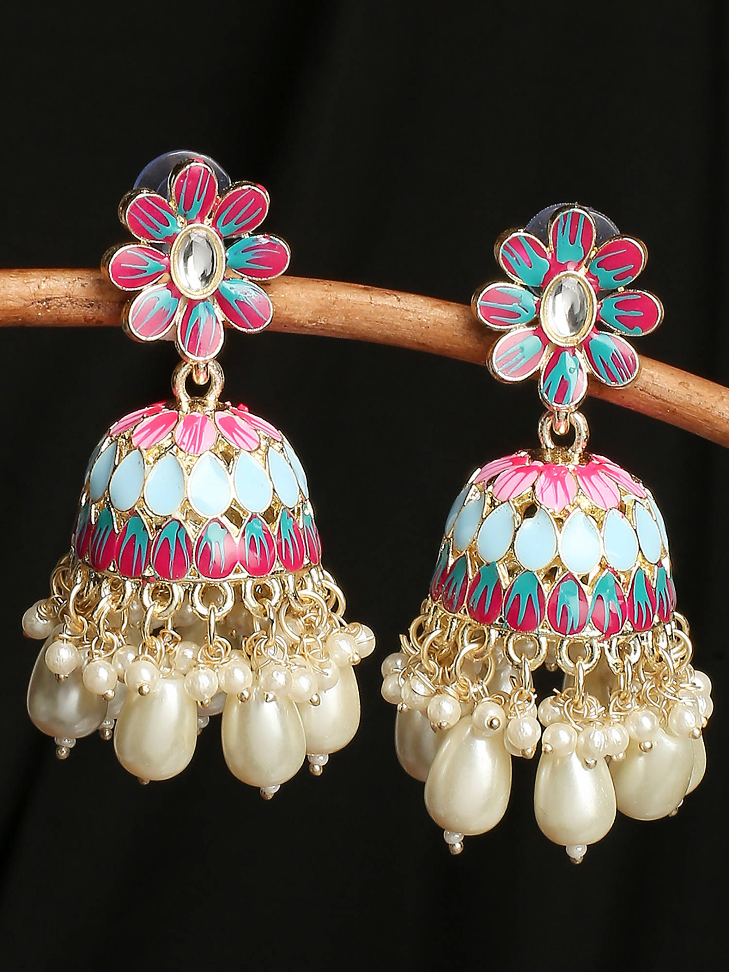 OOMPH Pink & Turquoise Blue Meenakari Ethic Jhumka Earrings