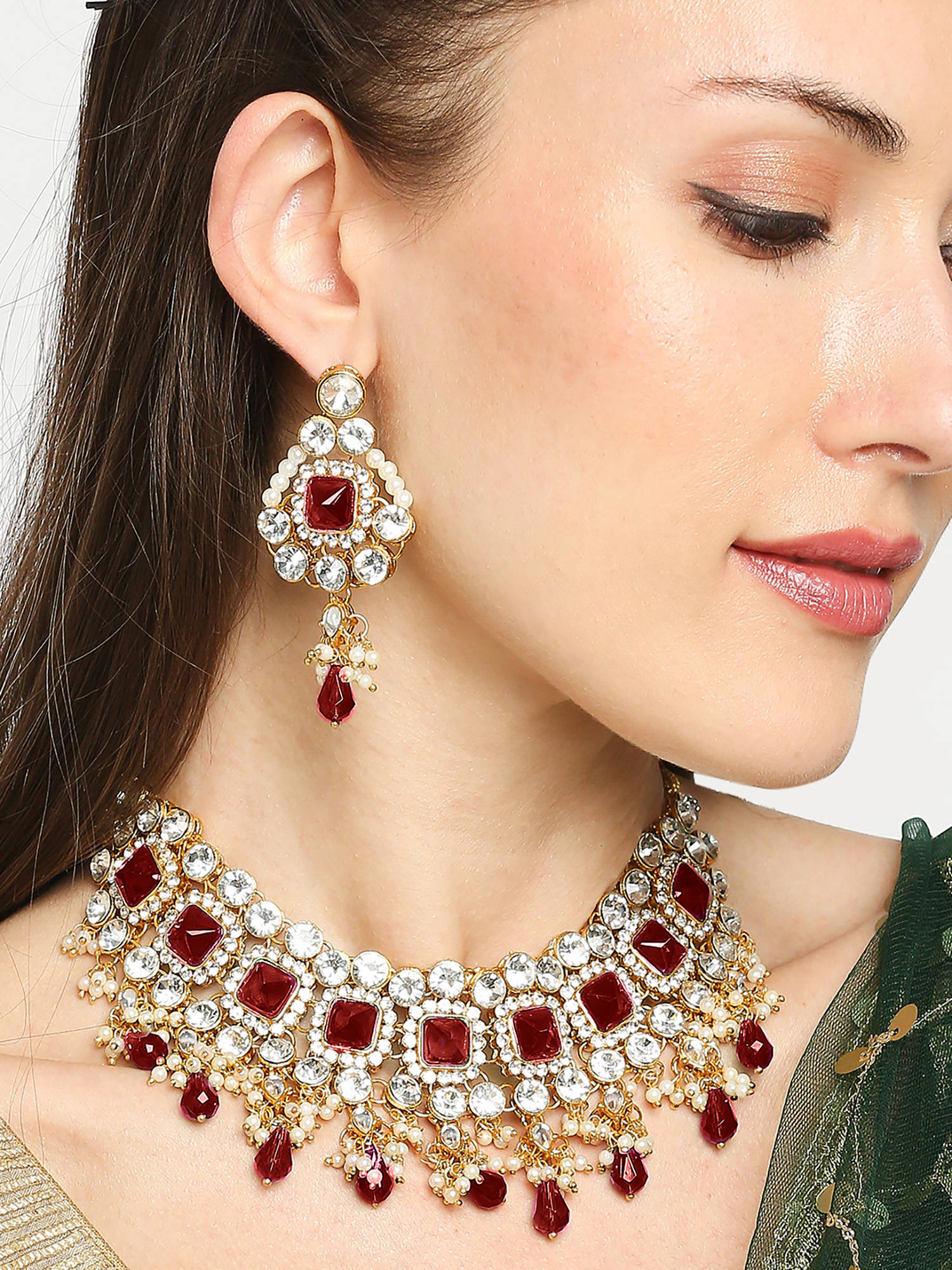 OOMPH Rani Pink Stones & Kundan Heavy Ethnic Necklace Set with Drop Earrings