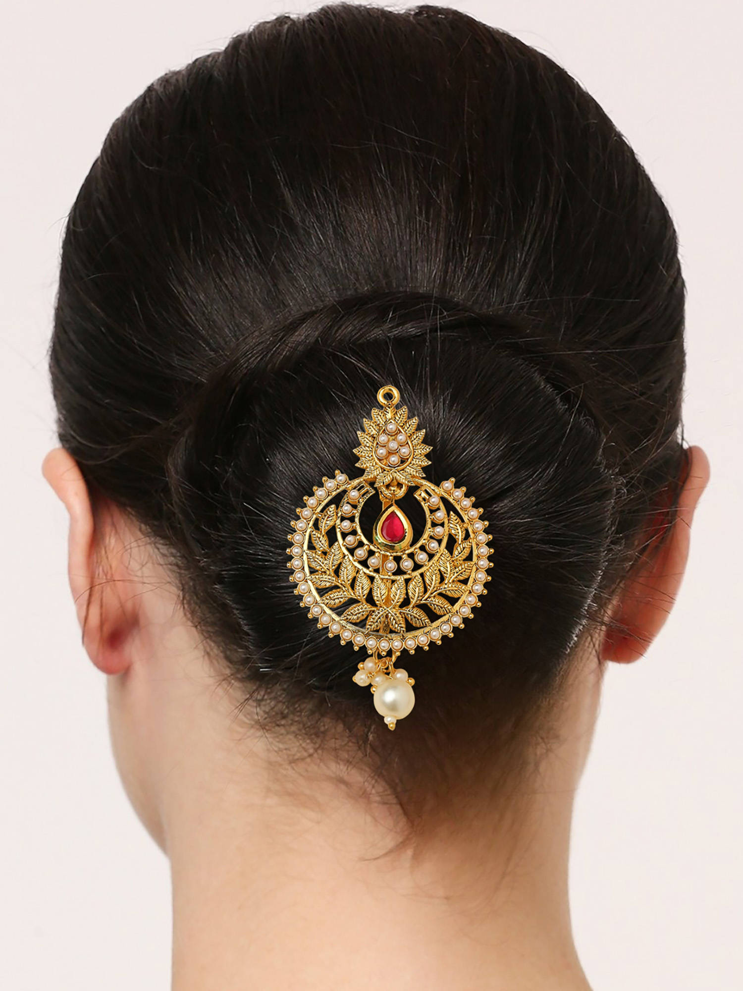 OOMPH Gold Tone Kundan Hair Bun Pin Juda Pin Ethnic Chandbali Style
