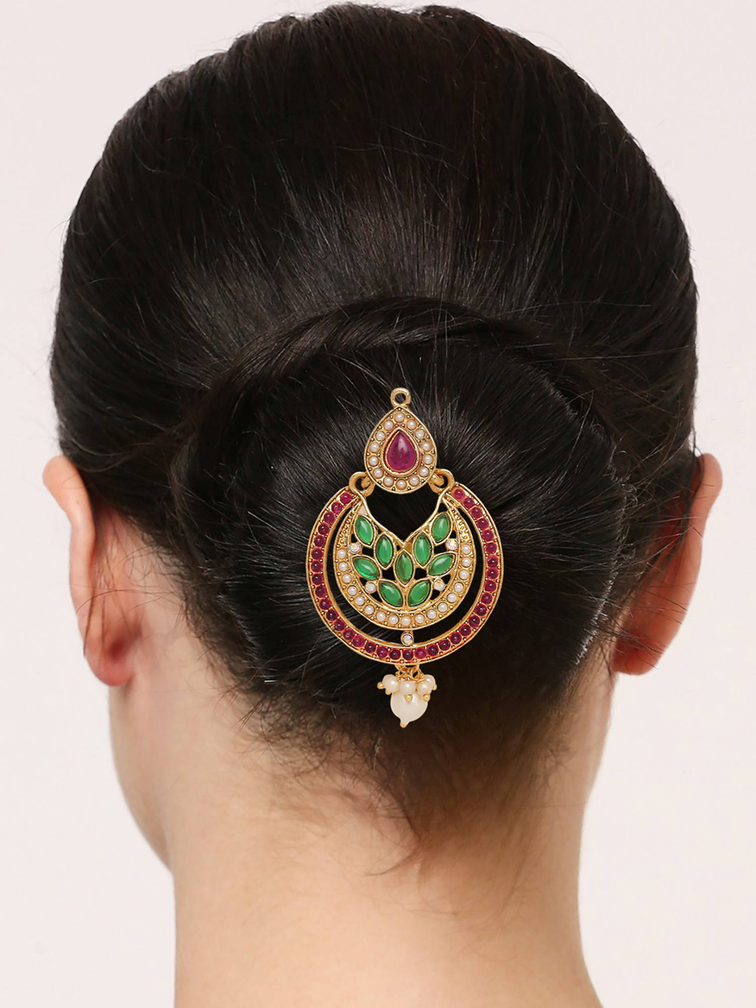 OOMPH Maroon and Green Kemp Stones Hair Bun Pin Juda Pin Ethnic Chandbali Style