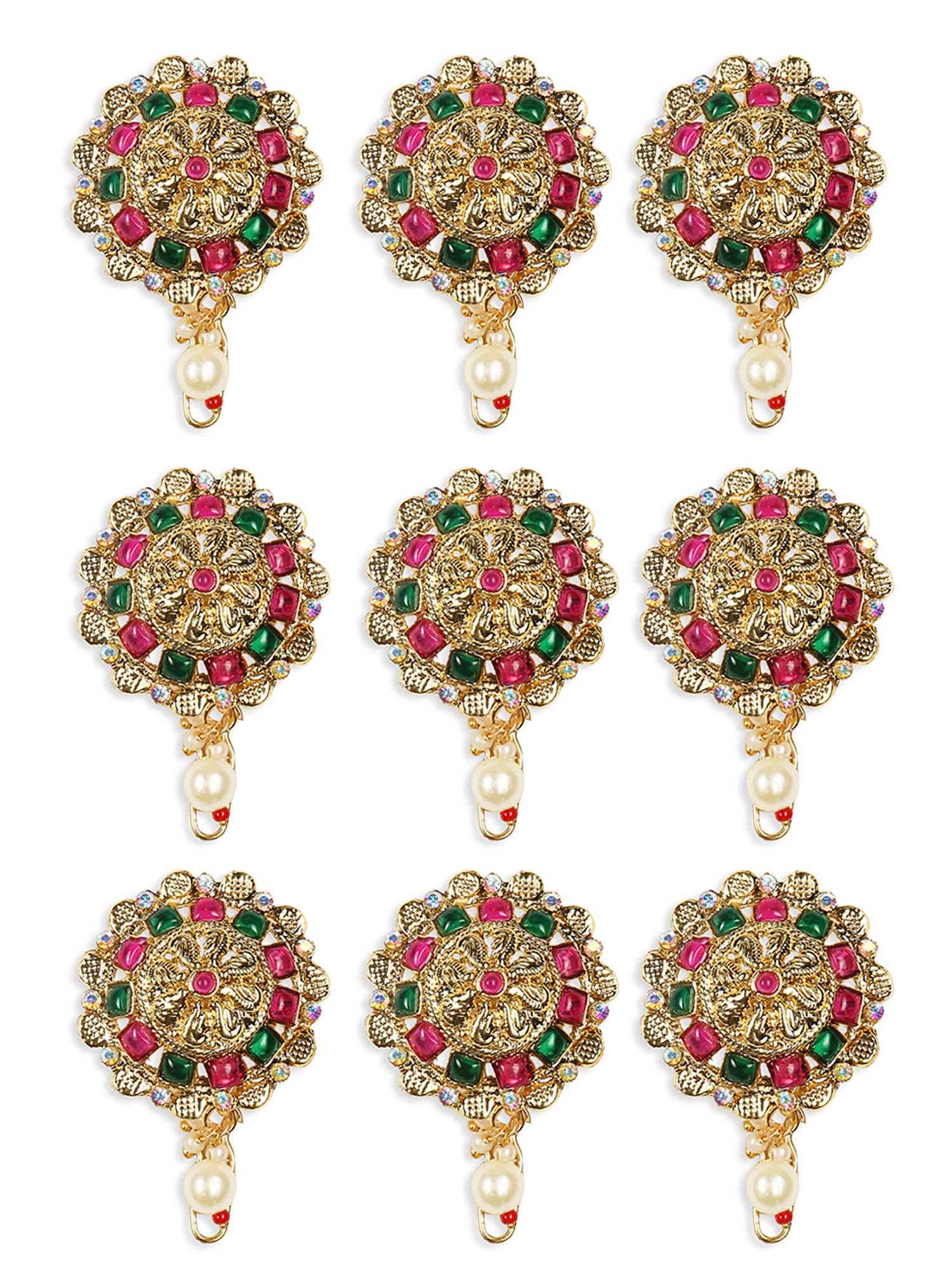 OOMPH Jadai Billai for Women 9 Pieces with Maroon Green Stones Hair Pin Wedding Bridal