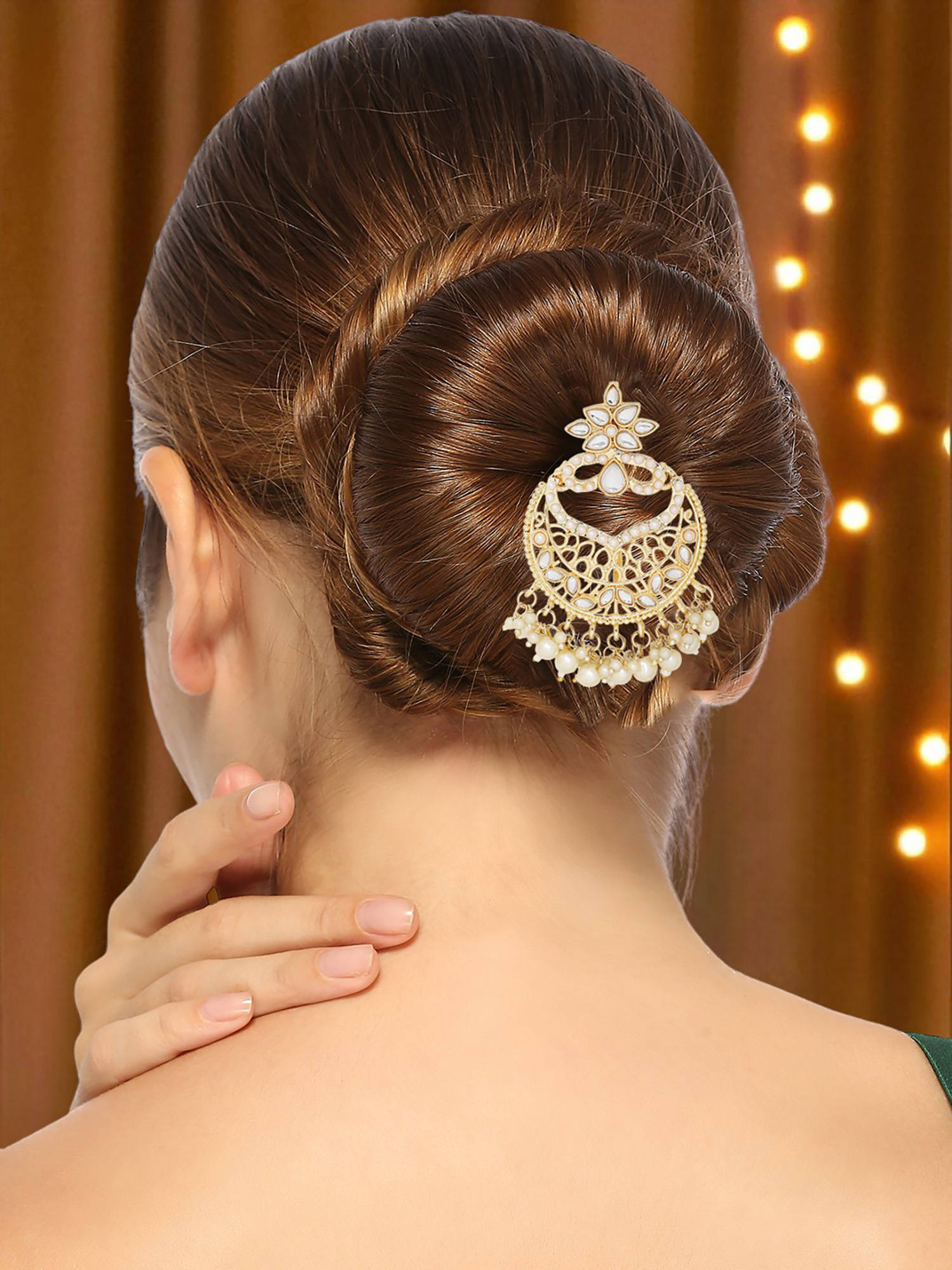 Oomph Gold Tone White Hair Bun Pin - Juda Pin - Jadau Floral Design For Women