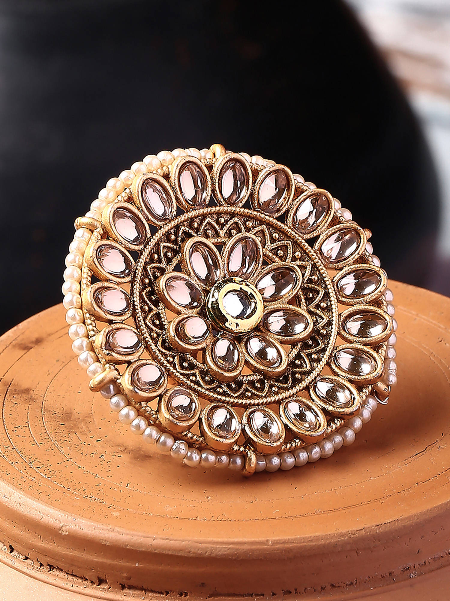 OOMPH Pink Stones And Pearl Large Ring - Floral Wedding Design (8)