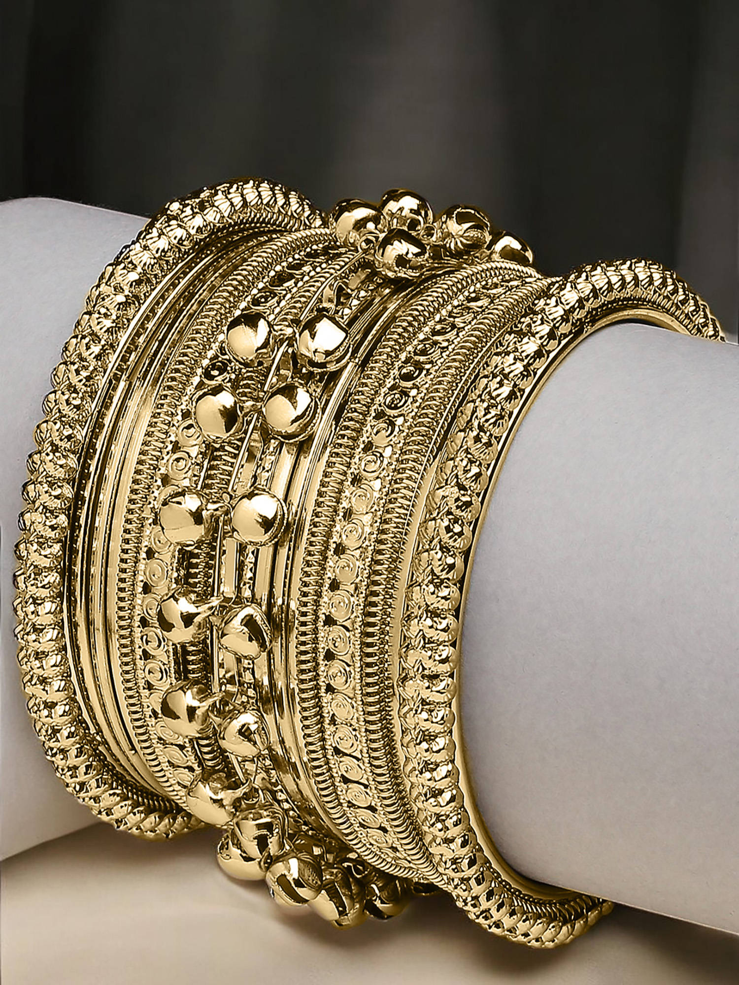 OOMPH Combo of 17 Antique Gold Kashmiri Ghungroo Bangle Set - Size 2.6