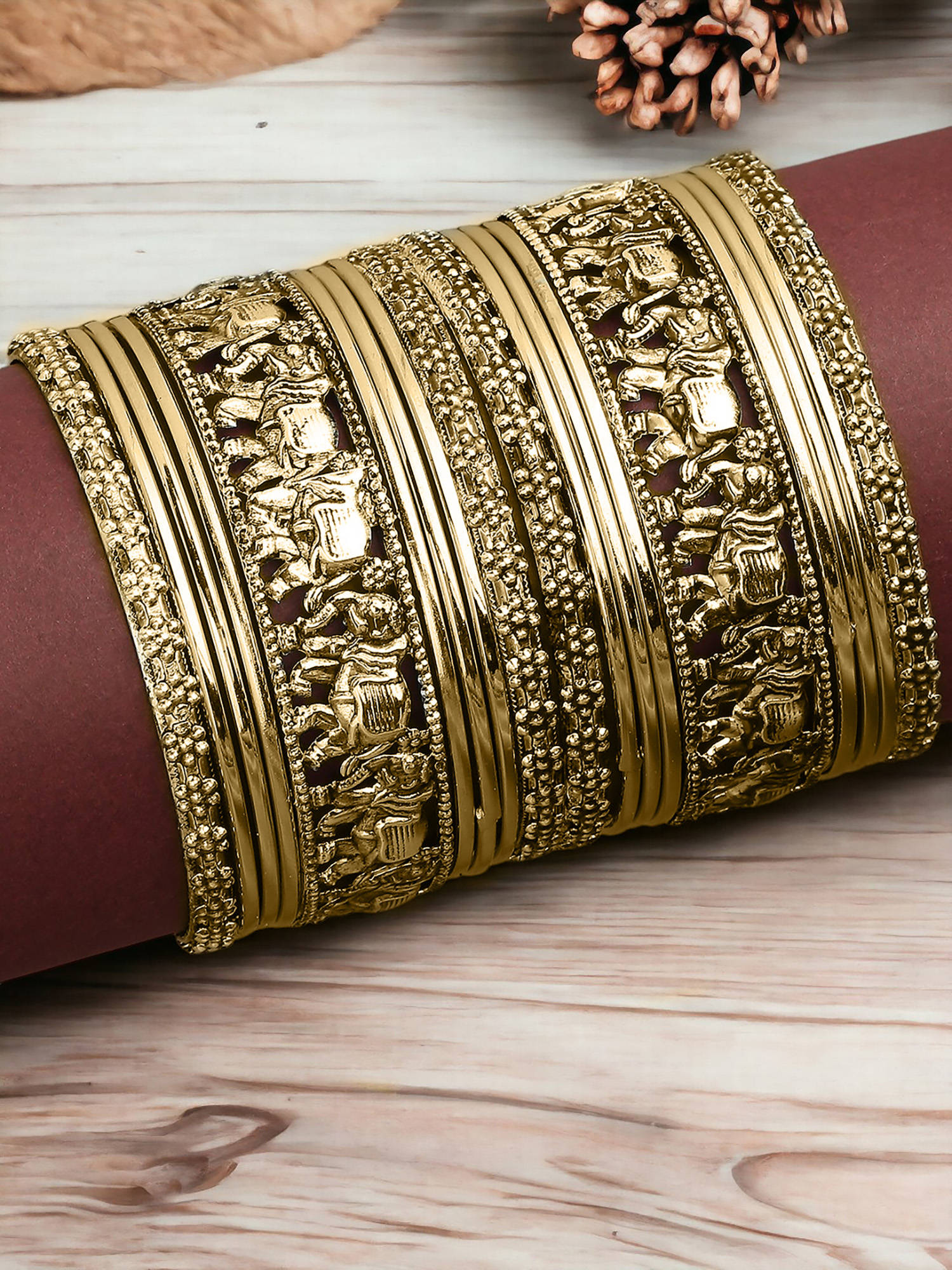 OOMPH Combo of 18 Antique Gold Elephant Design Bangle Set for Women and Girls Size 2.6 (Pack of 18)