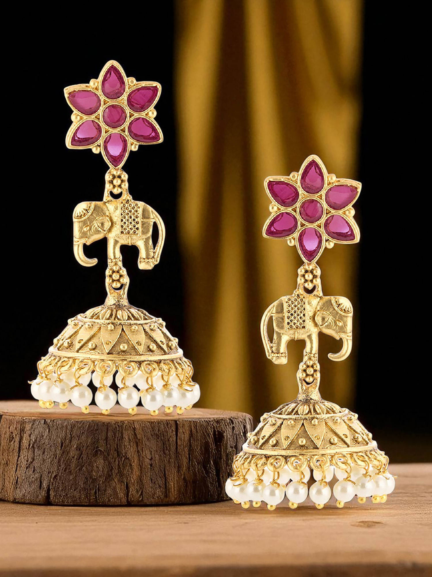 OOMPH Pink Stone Antique Gold Elephant Design Jhumka Earrings