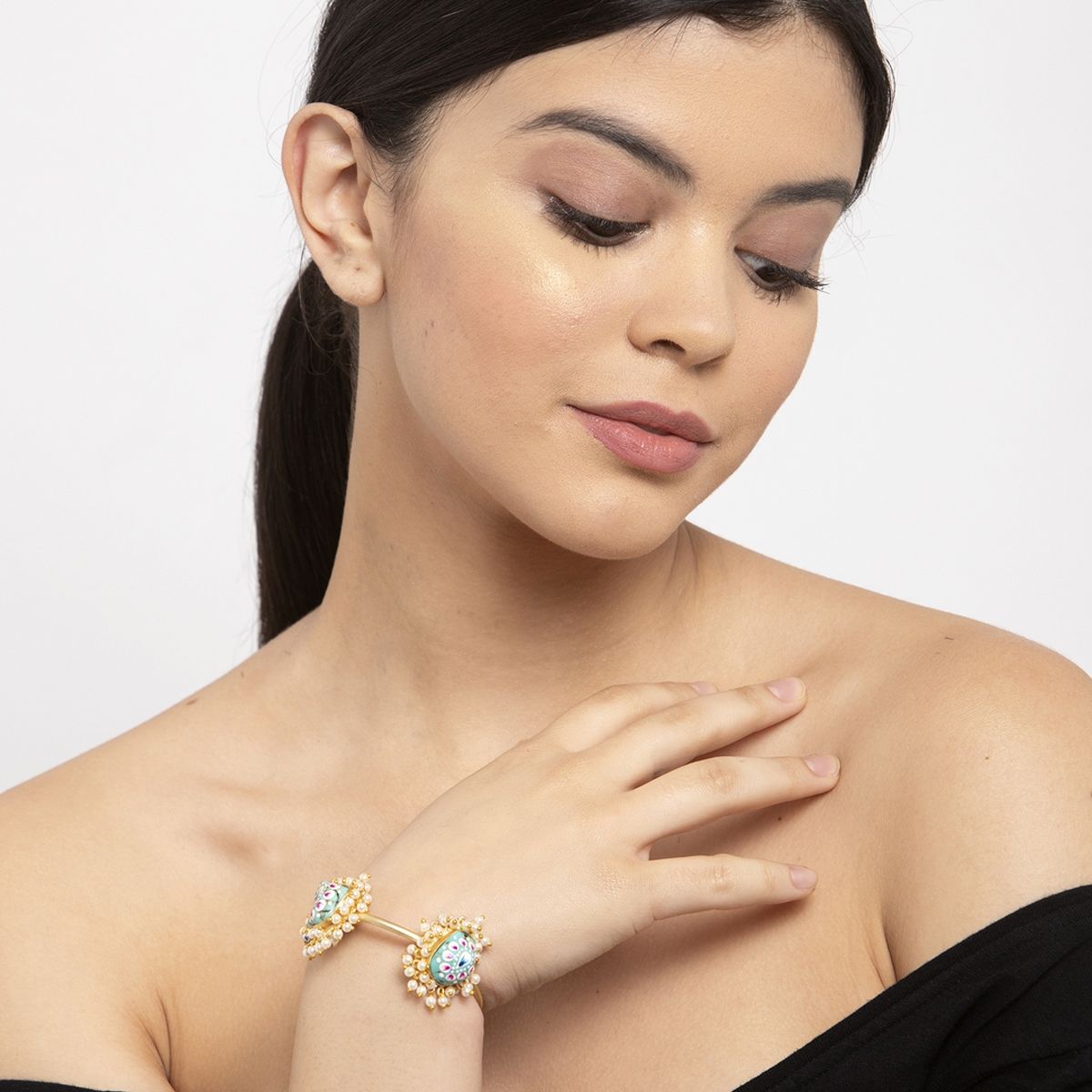 Moedbuille Handpainted Meenakari Work Turquoise Stone & Pearls Studded